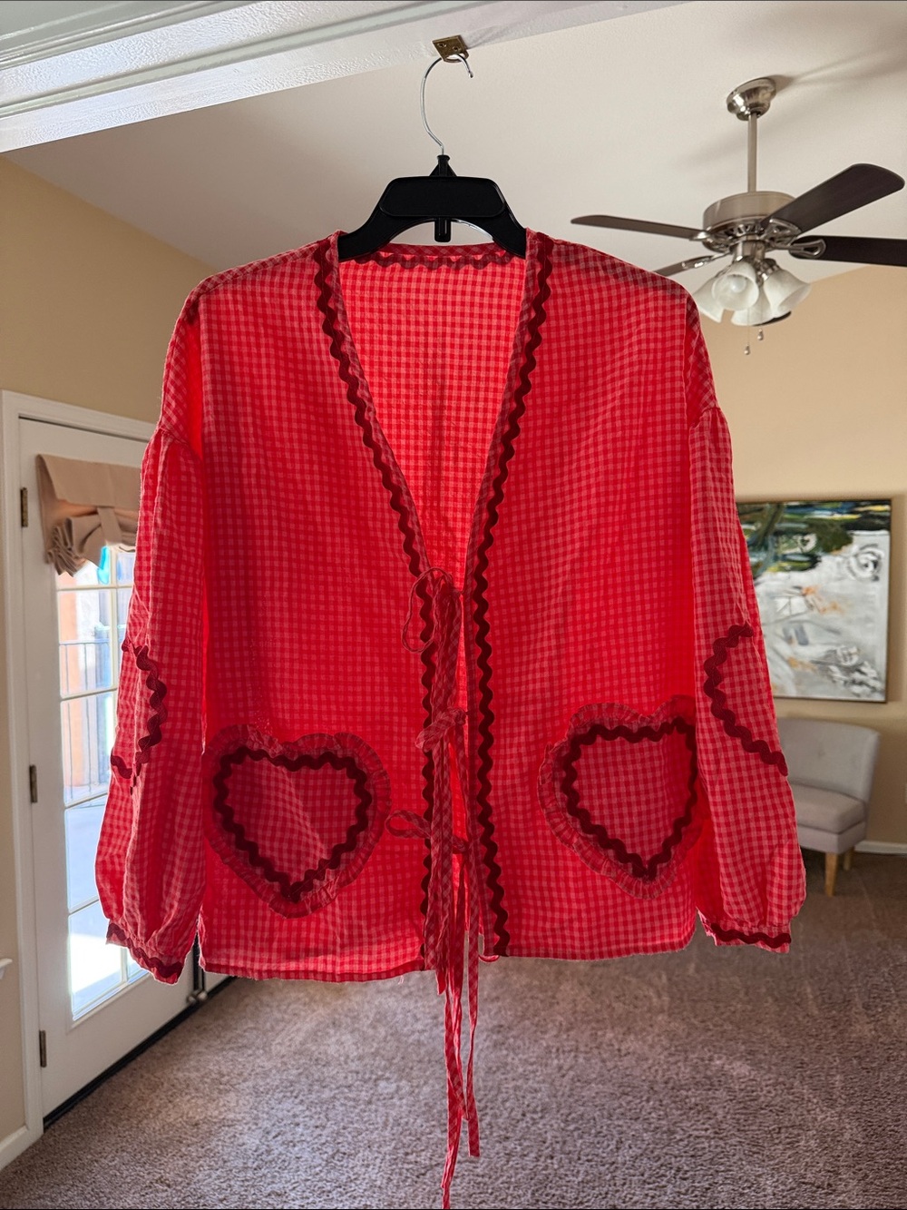 Red Gingham Tie-Front Jacket with Heart Patch Detail